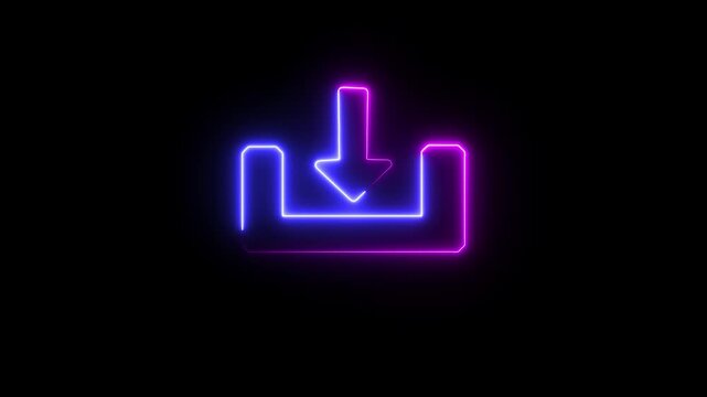 Glowing neon download icon animation. on the black background.