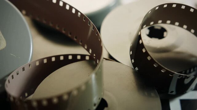 Vintage film and audio reels close up sliding camera motion stock footage