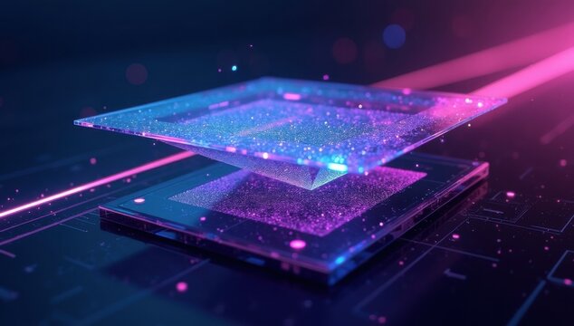 Interfaz oscura con capas de cristal transparente y destellos de luz de ne&oacute;n