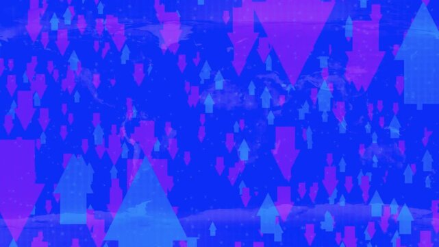 Global Financial Market Background with Animated Blue and Purple Arrows Indicating Stock Volatility Over World Map.