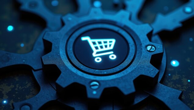 Engranaje met&aacute;lico con un s&iacute;mbolo de carrito de compras brillante en su interior