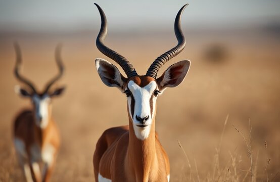 Male blesbok antelope with long curved horns looks forward in african savanna. Another antelope blurred in background. Dry grass field, daytime lighting, wildlife nature scene.