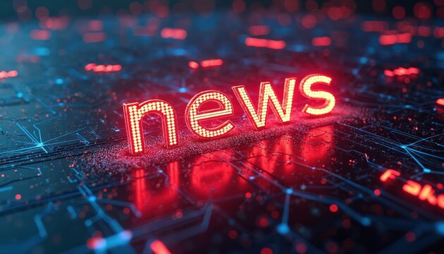 Glowing red digital word NEWS is illuminated against dark futuristic circuit board backdrop. Information flows, data streams, connectivity forms digital space. Media, tech, virtual world concepts.