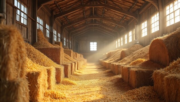 Inside rustic barn storage filled with piled hay bales and corn cobs. Sunlight streams through windows illuminating stacked crops in agricultural building. Natural food for animals harvested.