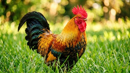 Fototapeta premium Rooster Standing Alert in Sunlit Grassy Field