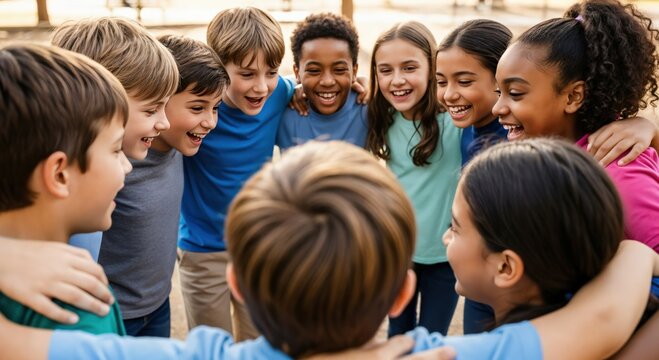 Diverse Group of 10 Children Engaging in Team-Building Activity Outdoors