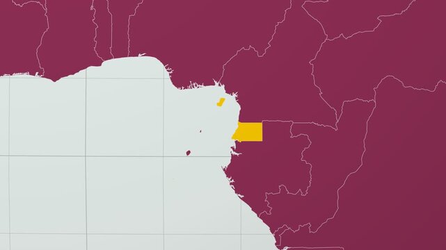 Equatorial Guinea map. Animated zoom into the country on the Globe in Pale Mint Dark Pink color palette. Country logo animation with round text and airplanes. Map with meridians, parallels.