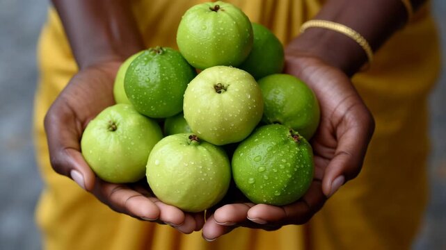 Indian farmer woman holding a handful of fresh green guava fruit with water drops, concept of harvest and abundance