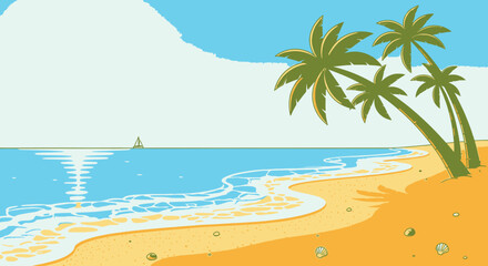 Obraz premium Cartoon beach scene with palm trees and ocean reflecting sunlight under blue sky
