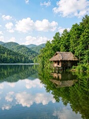 Obraz premium Wooden Cabin on Tranquil Lake Surrounded by Forest