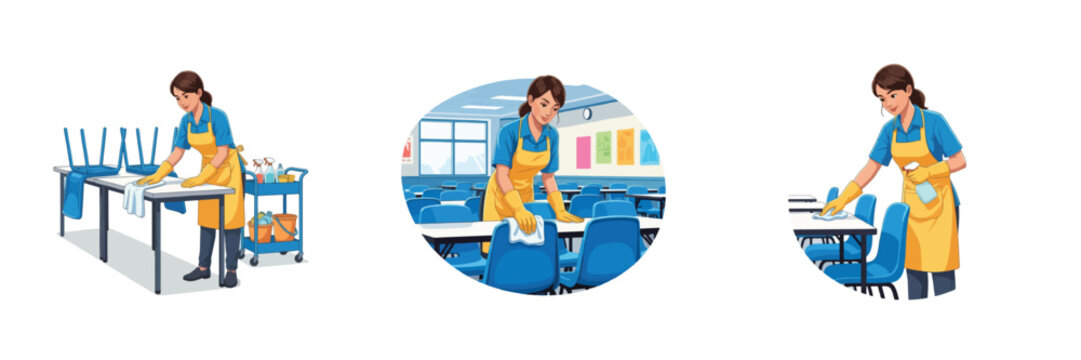 picture of school janitor cleaning and arranging desks and chairs