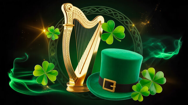 A digital illustration of a gold harp and green hat with shamrocks and sparkles on a dark background