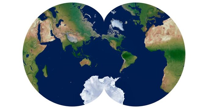 World Map. Eisenlohr conformal projection. High detail physical map. Longitude rotation animation.