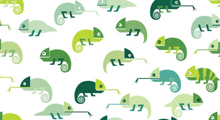 Seamless Pattern of Cute Chameleons in Various Green Shades, Vector Illustration © Lilis