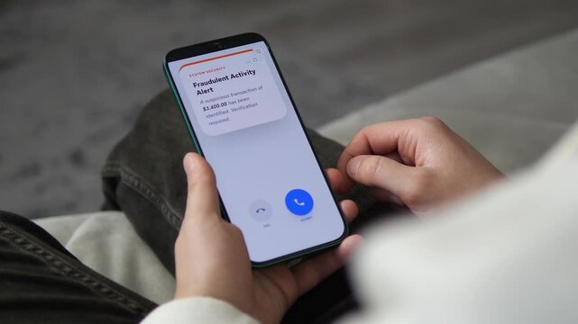 Modern mobile UI showing a scam call and fraudulent activity alert. Hand holding phone with realistic system security notification. Perfect for tech documentaries, banking security ads, and cybercrime
