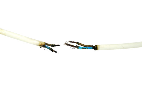 Burned Electrical Cable with Melted Insulation and Exposed Copper Wires Isolated on White Background Fire Damage Short Circuit Overheating Hazard Concept