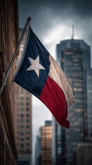 Naklejka premium texas flag waving in the wind. cityscape view