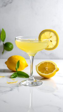 Fresh Lemon Cocktail Drink with Slice.