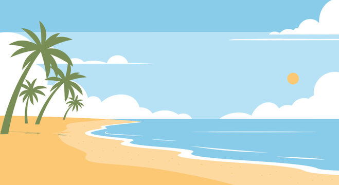 Palm trees on sandy beach shore.
