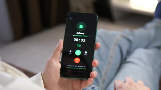 POV of a person answering an incoming call from a delivery service on a smartphone. Modern UI showing package status and call timer. Essential footage for logistics, e-commerce, and home delivery