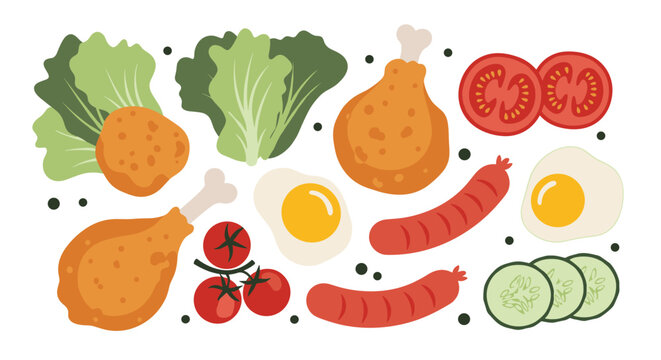 Selection of lunch food items including fried chicken, eggs, sausages, lettuce, tomatoes, and cucumbers on a white background.