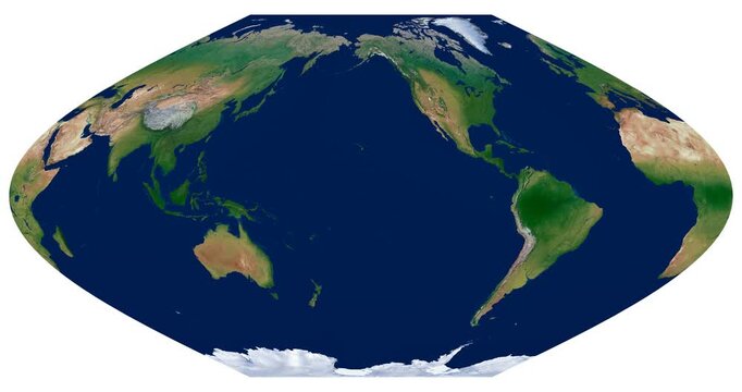 World Map. McBryde-Thomas flat-polar sinusoidal projection animation. High detail physical map of Earth. Longitude rotation showcased.