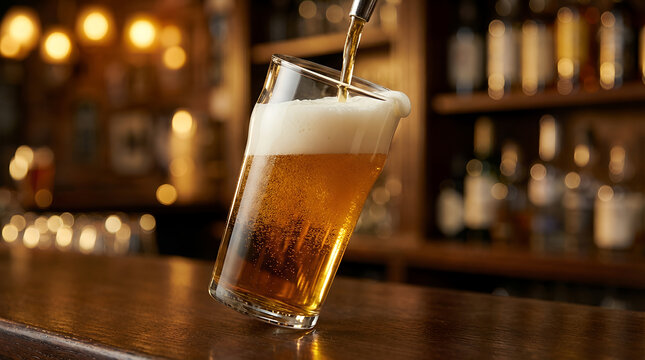Beer pouring into glass on bar counter. Fresh golden lager with foam bubbles. Pub interior background with blurred bottles. Refreshing alcoholic drink for celebration and relaxation.