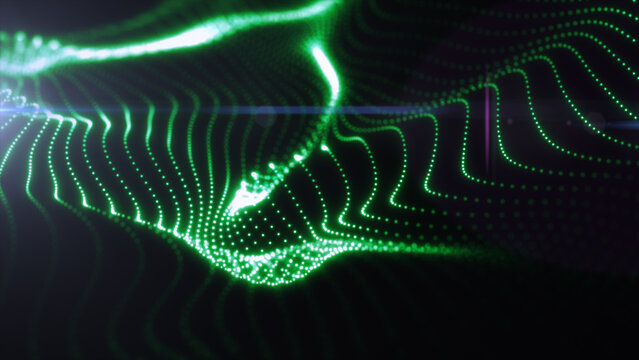 Glowing green particle lines forming an abstract digital landscape, ideal for futuristic data, energy, and technology concepts