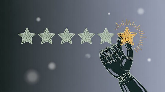 Robot hand giving star rating, glowing review, five stars, robotic feedback