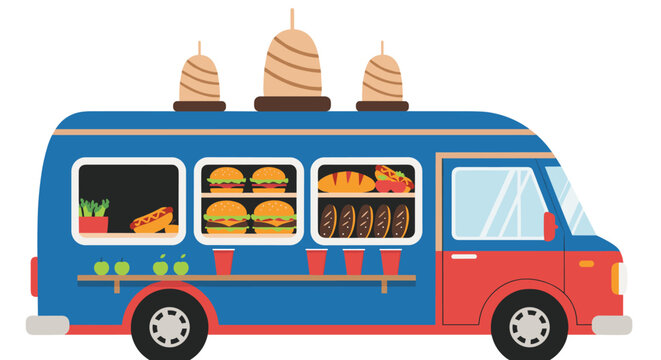 Bright blue and red street food truck decorated with burger and hot dog icons is parked and ready for customer service.