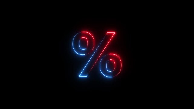 glowing neon light percent sign animation percent icon symbol on black background. Neon Punctuation Symbols percent icon animation concept