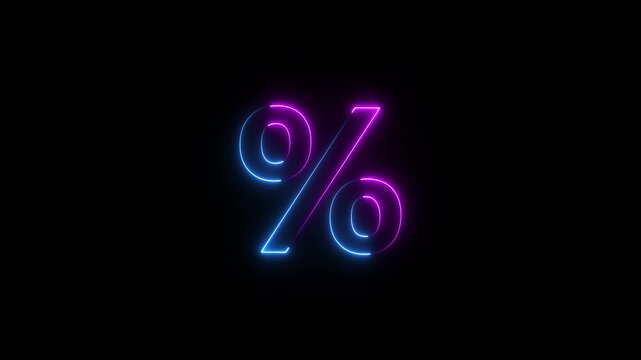 glowing neon light percent sign animation percent icon symbol on black background. Neon Punctuation Symbols percent icon animation concept