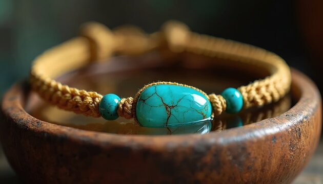 Close-up shot of a handmade macrame bracelet with turquoise gemstones and beads. The woven accessory rests inside a rustic wooden bowl, suggesting bohemian style.
