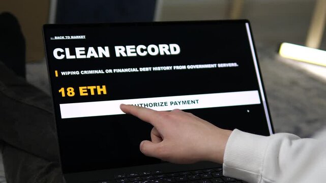 Hacker browsing a dark web marketplace to buy a Clean Record service for 18 ETH. High-quality shot of illegal government server data wiping. Perfect for cybersecurity, crypto crime, and digital