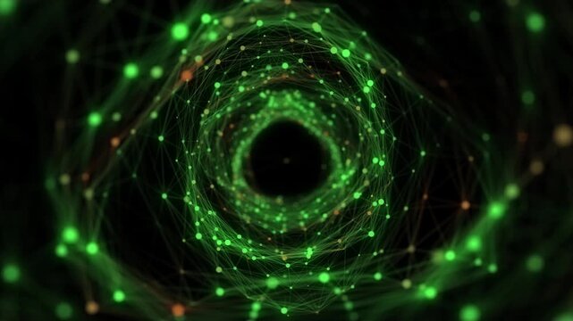 Cyber tunnel consisting of moving glowing points. Futuristic infinite space background. Concept of data transfer in cyberspace. Hi-tech illustration. 3d rendering.