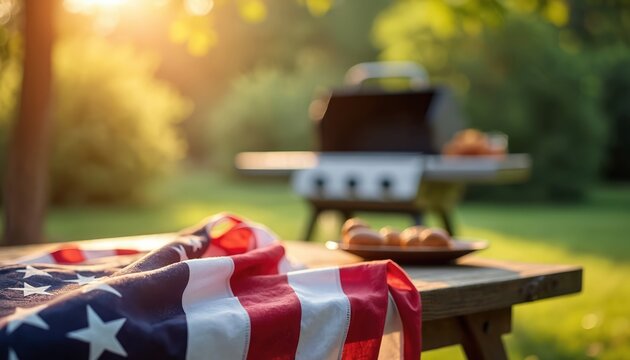 American flag on wooden table near grill outside. Sunlight warms backyard, preparing food for outdoor celebration picnic party. Family and friends gather for holiday feast.