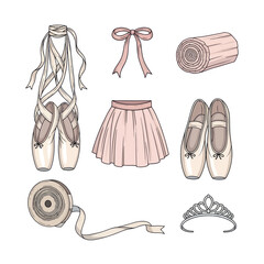 Ballet Dancer's Essentials: Pointe Shoes, Tutu, Tiara, Ribbons, and Accessories © lobes