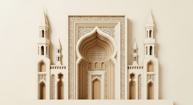 Embossed paper layered relief showing traditional architecture with arched doorways and towering minarets crafted to display intricate geometric patterns for cultural celebrations and religious