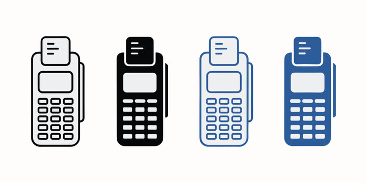 Four payment terminal in black and blue on white background credit card reader pos terminal payment machine