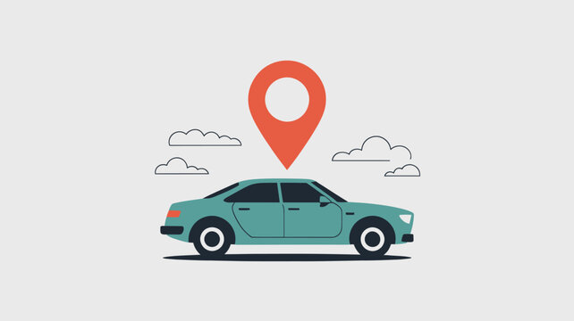 Teal Car With Red Map Pin For Navigation And Transportation Concepts