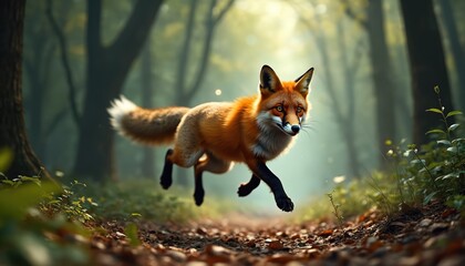 Fototapeta premium Orange fox jumps in misty forest. Red fox runs on path. Wild animal moves fast through green woods. Creature is agile and quick. Natural landscape with trees.
