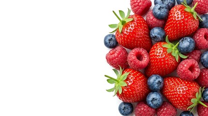 Obraz premium Vibrant mix of fresh organic strawberries, blueberries, and raspberries on white background with copy space for healthy food branding