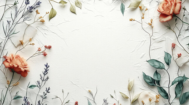 Flowers frame on white background. Floral banner design for wedding invitation, Mother's Day, or anniversary with copy space.