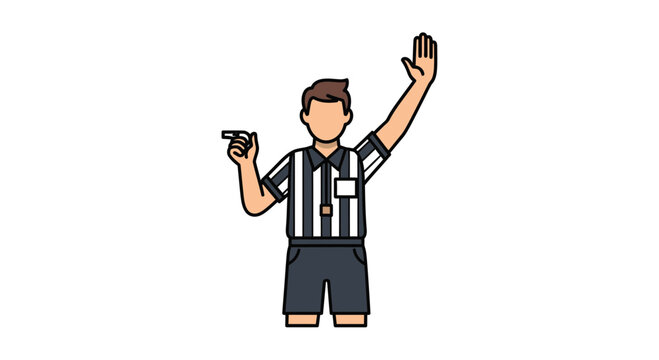 Referee in striped shirt holding card.