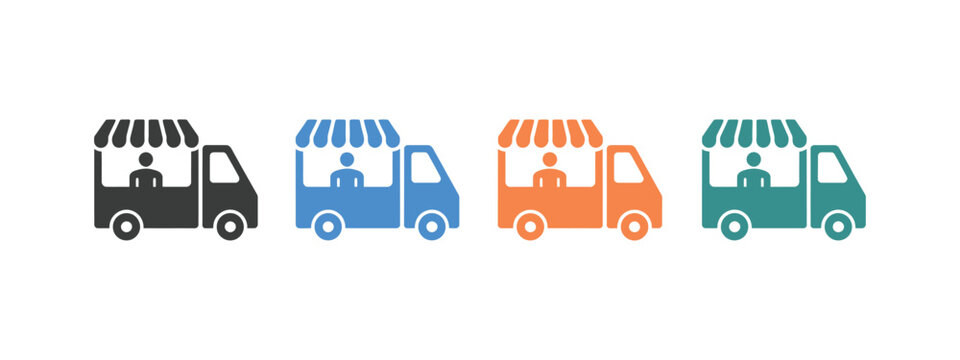 Food truck icon set representing mobile restaurant, street food business, delivery service, carnival and cafe transport concept