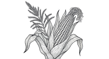 Hand-drawn illustration of ripe corn cob with leaves and stalk on white background © lobes