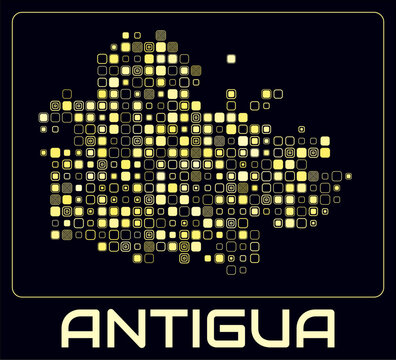 Antigua digital style map. Large roundedSquare dots on dark background. Dotted shape of the island. Antigua map and title. Modern vector illustration.