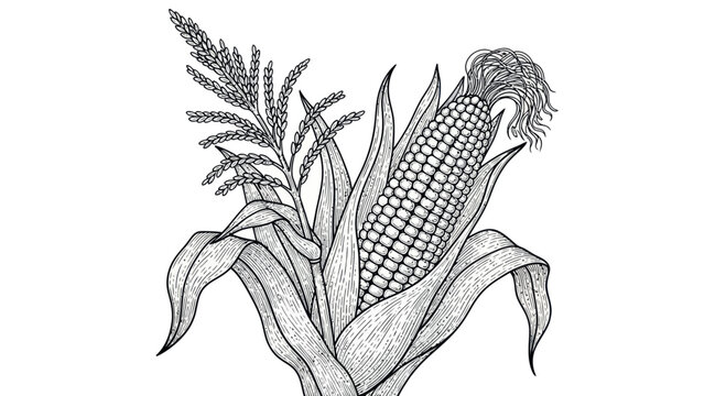 Hand-drawn illustration of ripe corn cob with leaves and stalk on white background