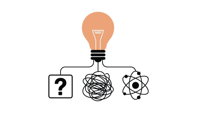 Lightbulb with question mark tangled wires and atom symbol flowchart vector illustration isolated on white background
