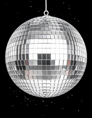 Disco Ball Hanging in Nightclub Darkness.